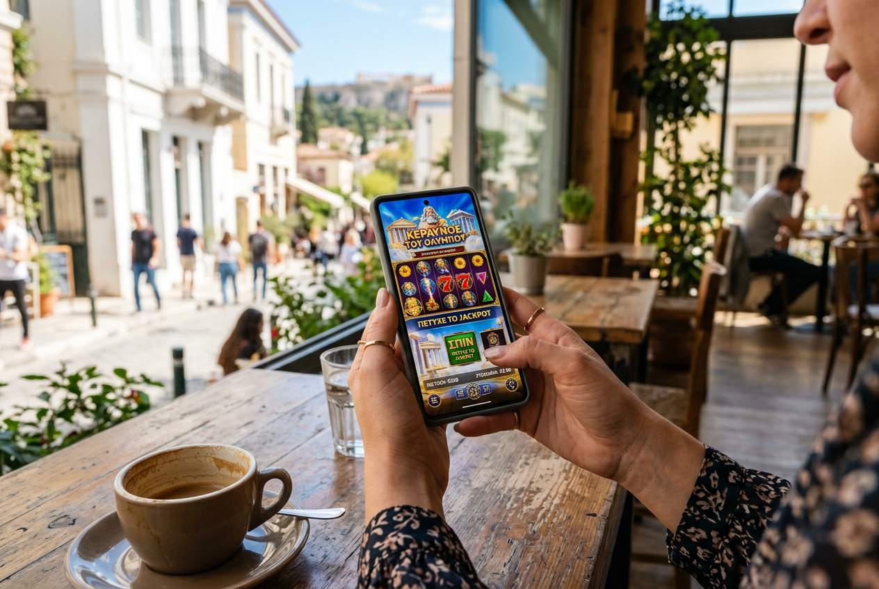 A person playing online casino games on a smartphone in a bright setting.