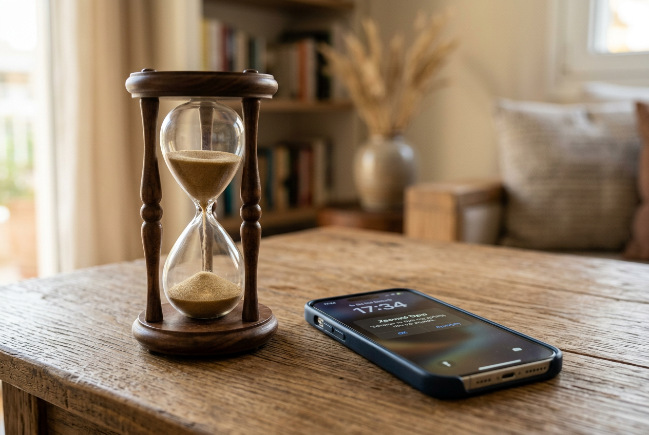Hourglass and smartphone representing time management and responsible gambling.
