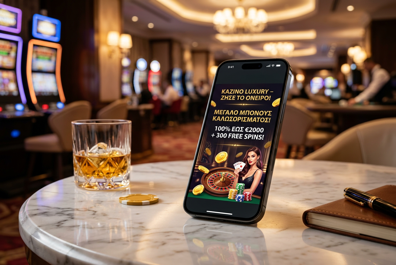 A luxury smartphone screen showing Greek casino promotions.