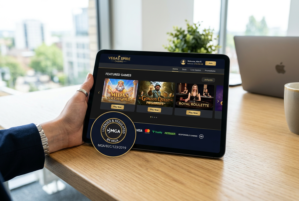 A tablet displaying a secure MGA licensed casino interface.