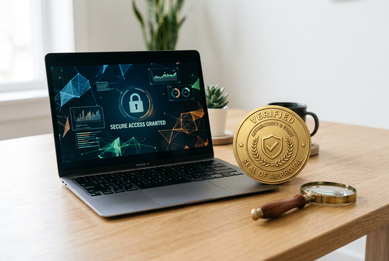 A digital seal of approval and a laptop representing online security.