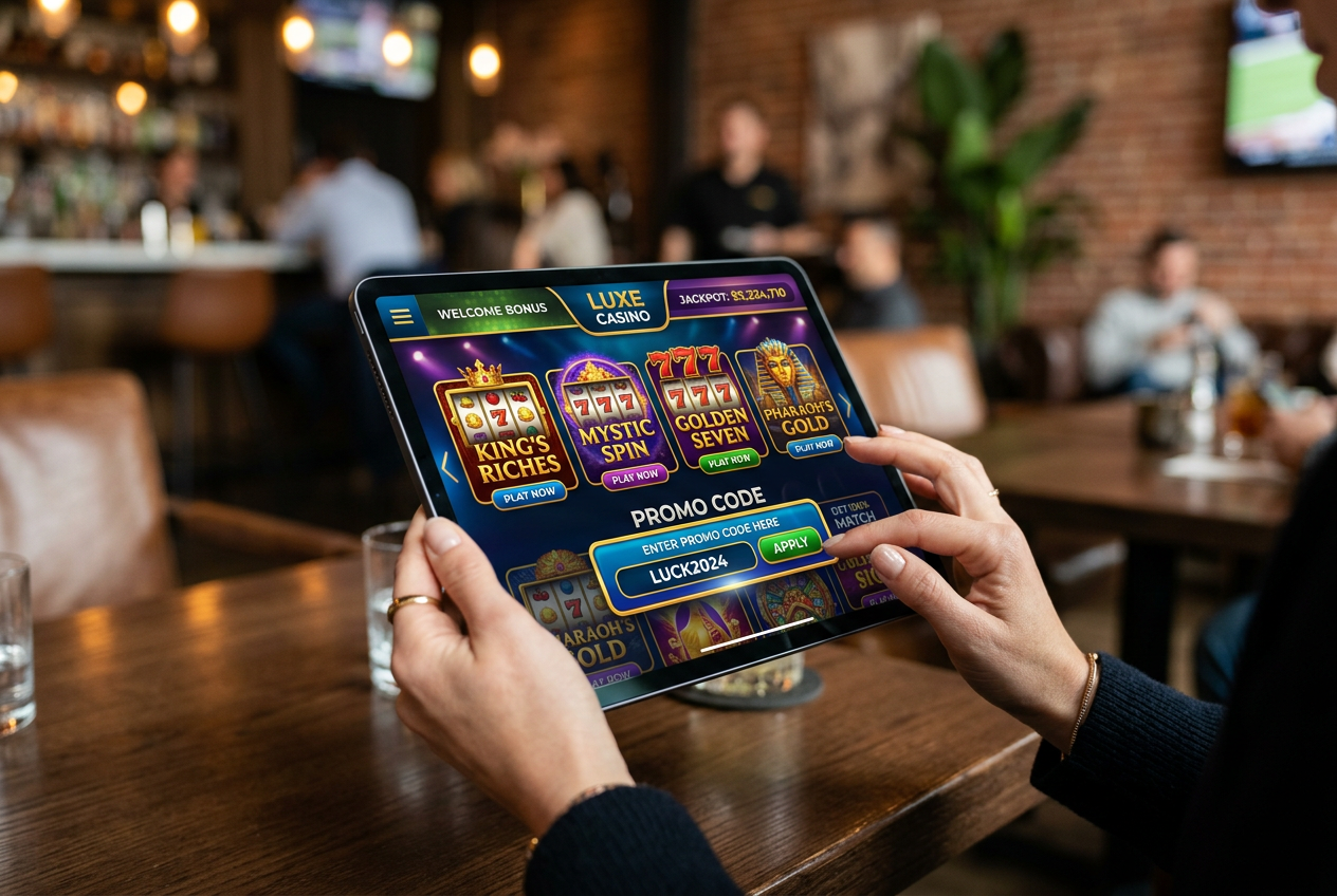 A modern digital interface displaying casino promotional offers on a tablet.